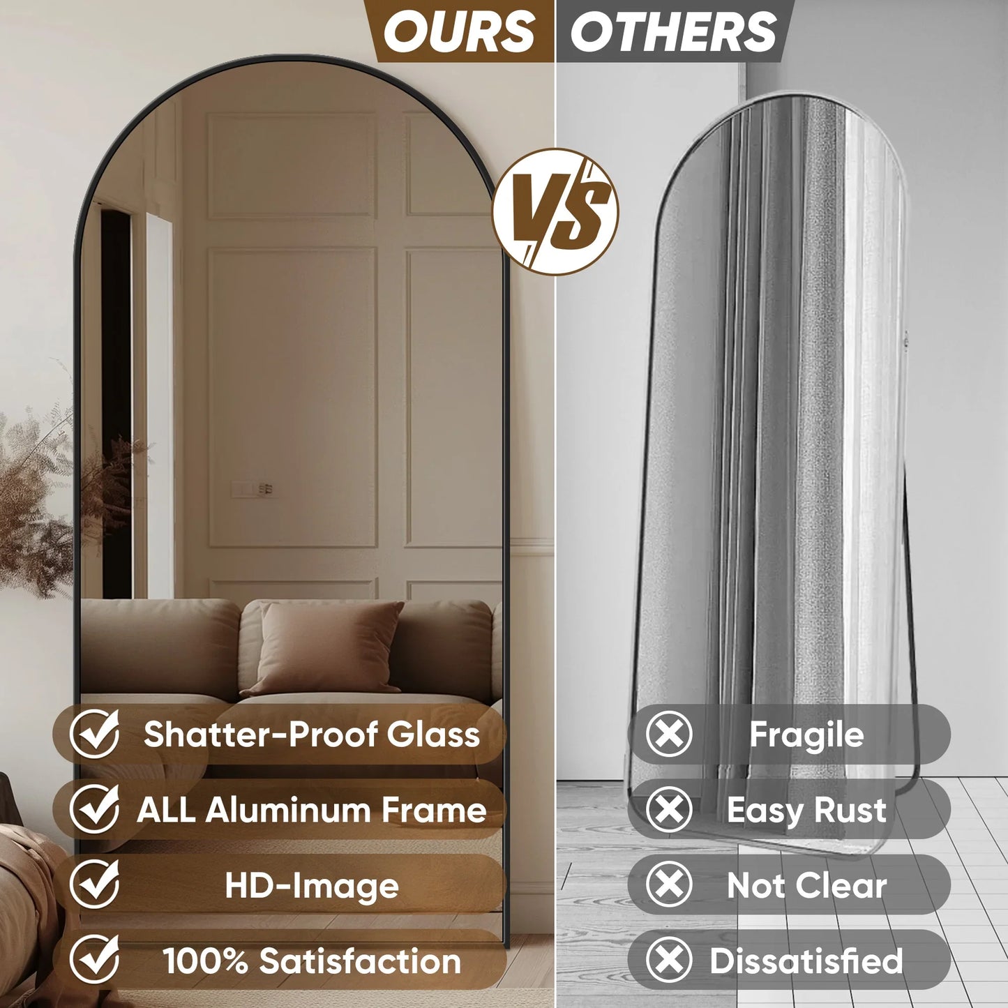 Arch Floor Mirror, 76"x34" Full Length Mirror - Freestanding  with Stand for Bedroom or Living Room