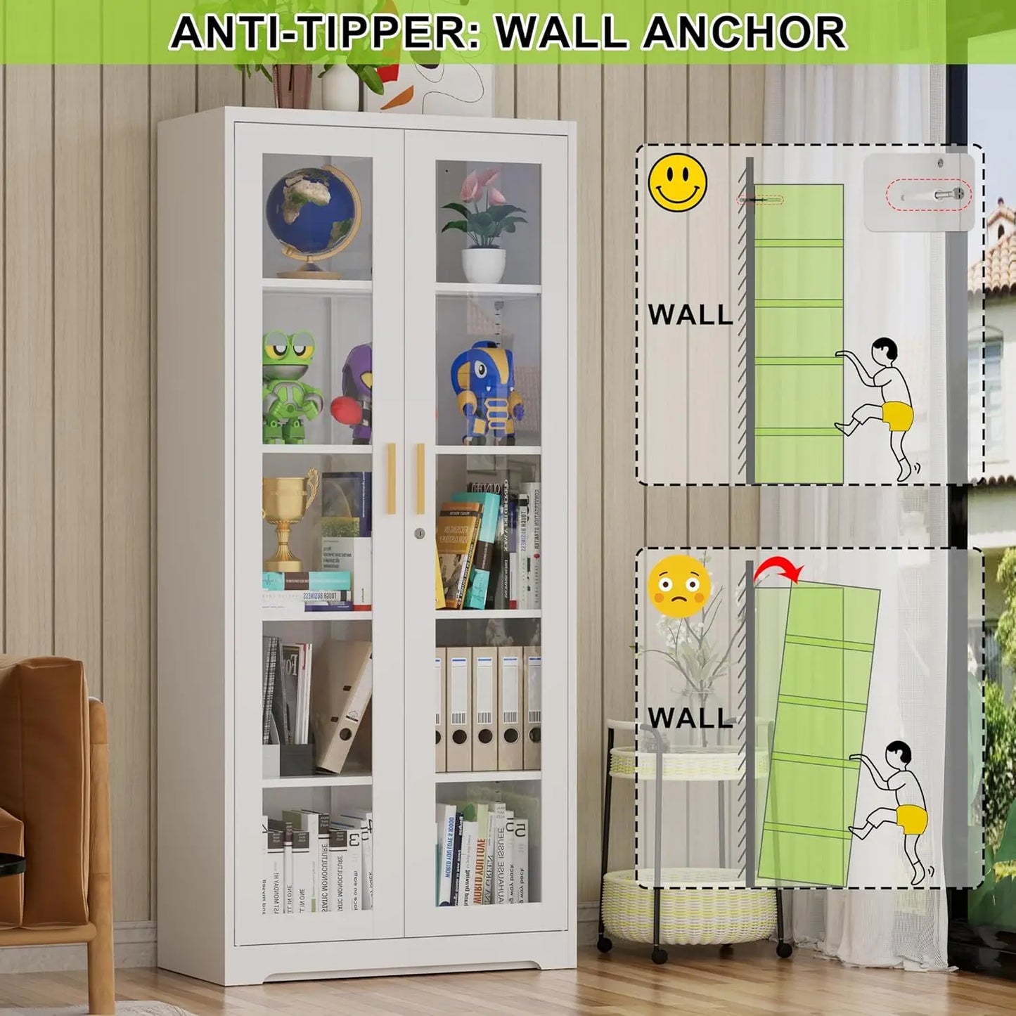 Display Cabinet. Glass Doors. Curio Cabinet. Locking Doors.  71" H. Assembly Required