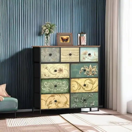 9-Drawer Floral Dresser with Wooden Top for Bedroom, Closet, Nursery, Living Room