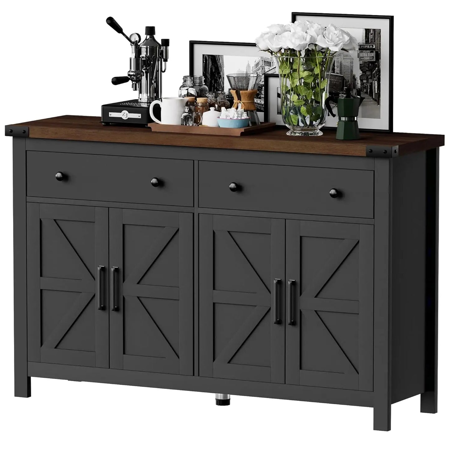 Buffet Cabinet with Storage Farmhouse with 4 Doors and 2 Drawers, 55'' Large Kitchen Storage  Blue Wood