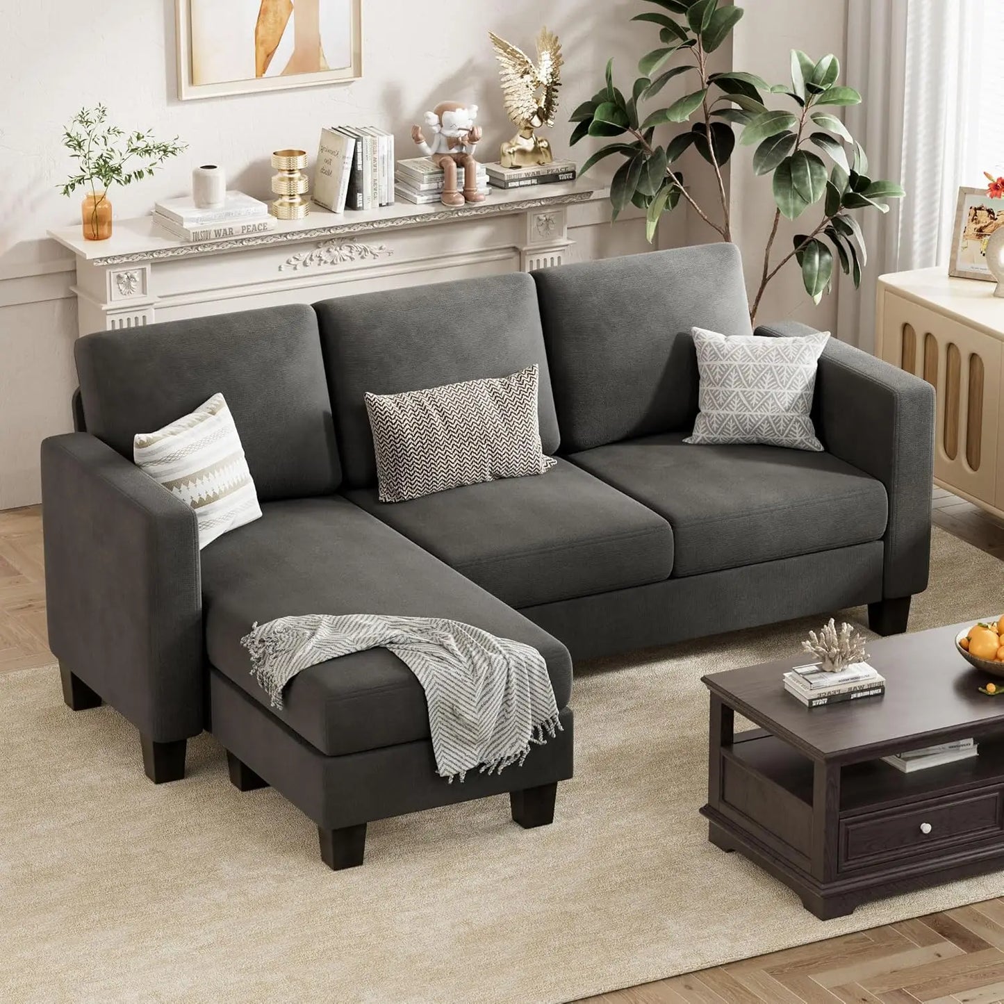 Sofa Couch, 3 Seat L-Shaped Sofa with Linen Fabric Ottoman