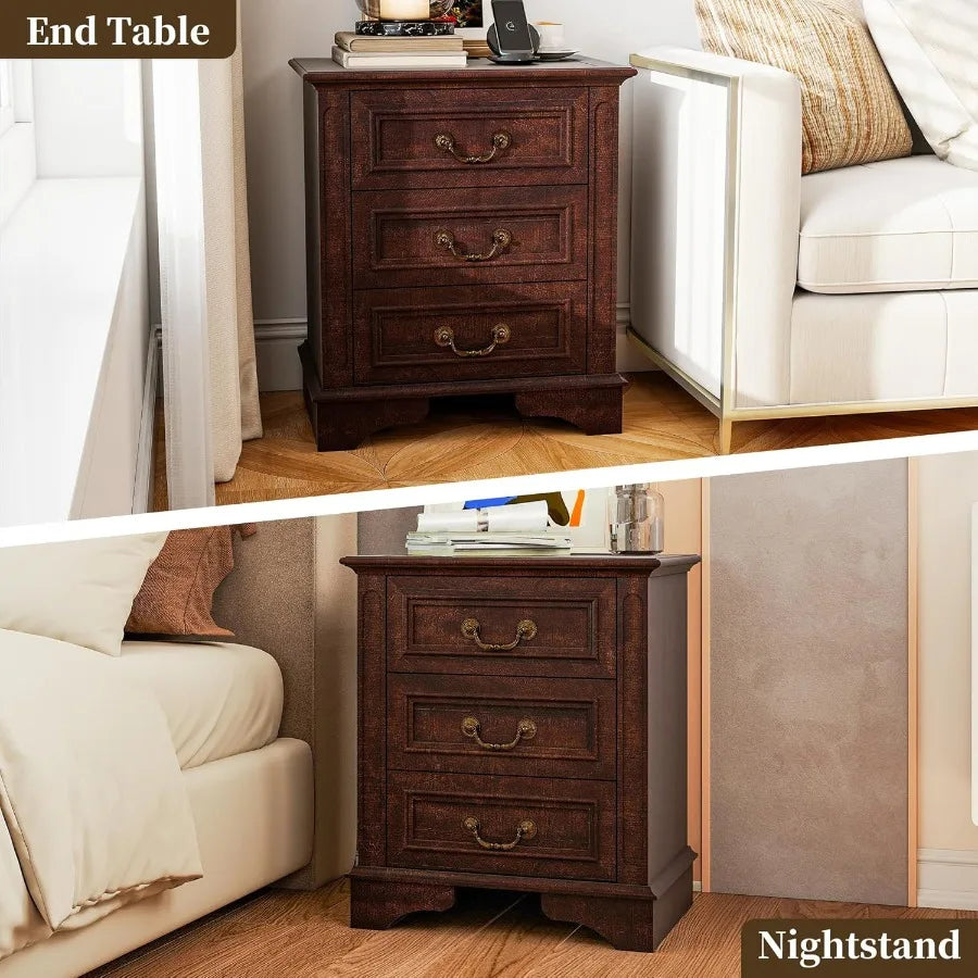 Nightstand with Charging Station Wooden Bedside Table with 3 Drawers  Small Spaces 1 Dark Brown