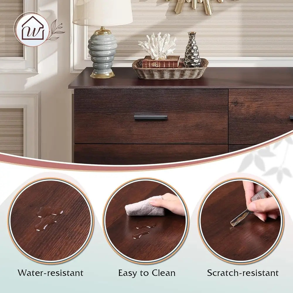 Elegant Wooden Dresser for Bedroom, with 6 Drawers, Large Brown Storage Unit,