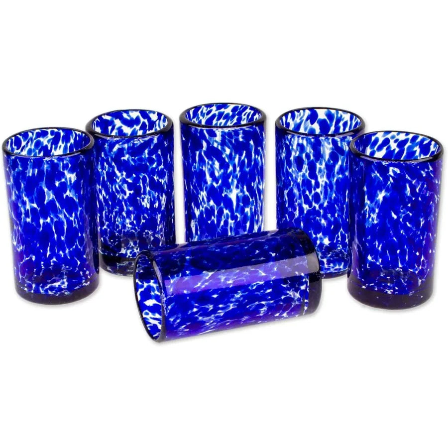 Hand Blown Blue Confetti Recycled Glasses 5 Oz 'Marine' Set Of 6
