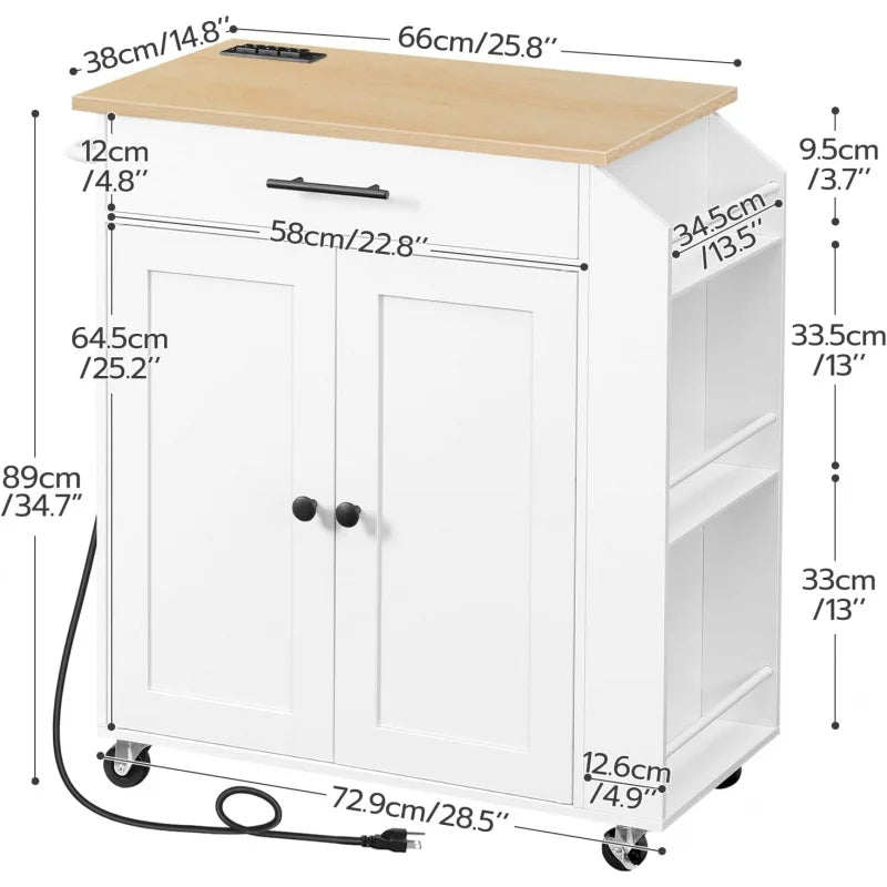Rolling Kitchen Island with Power Outlet Spice Rack & Drawer Natural & White