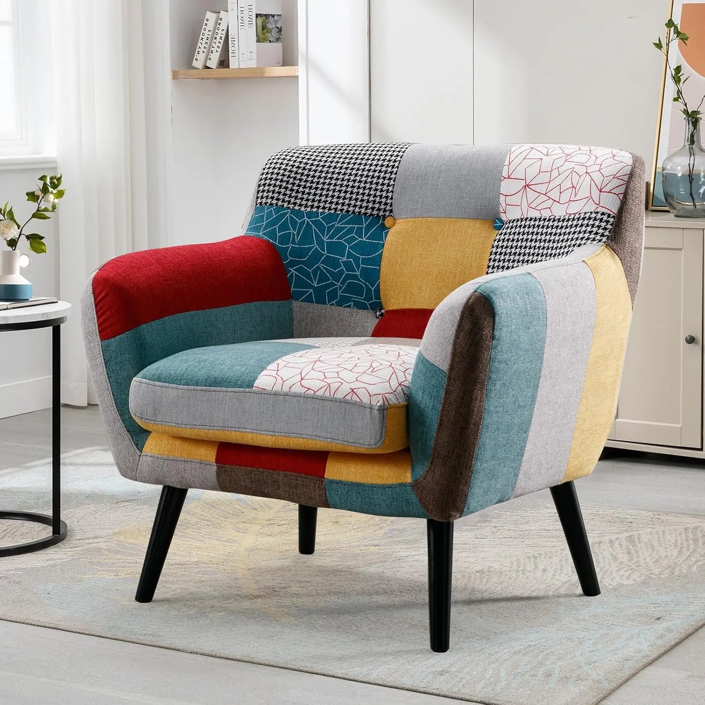 Modern Boho Loveseat Couch for Living Room Bedroom, Upholstered Colorful Plaid Fabric