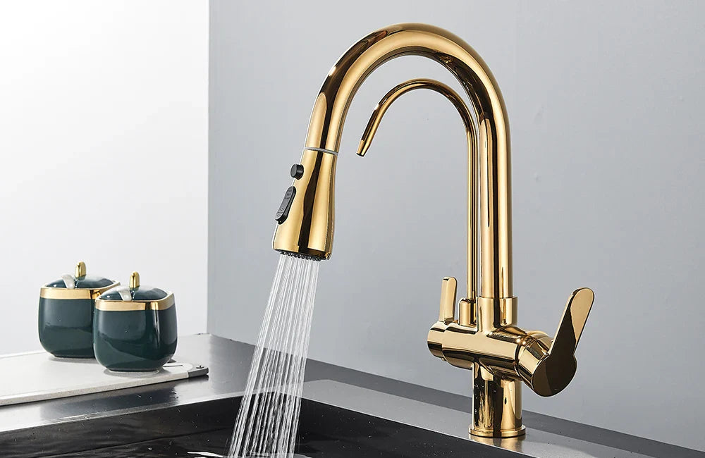 Quyanre Matte Black Filtered Crane For Kitchen Pull Out Spray 360 Rotation Water Sink Mixer Kitchen Faucet