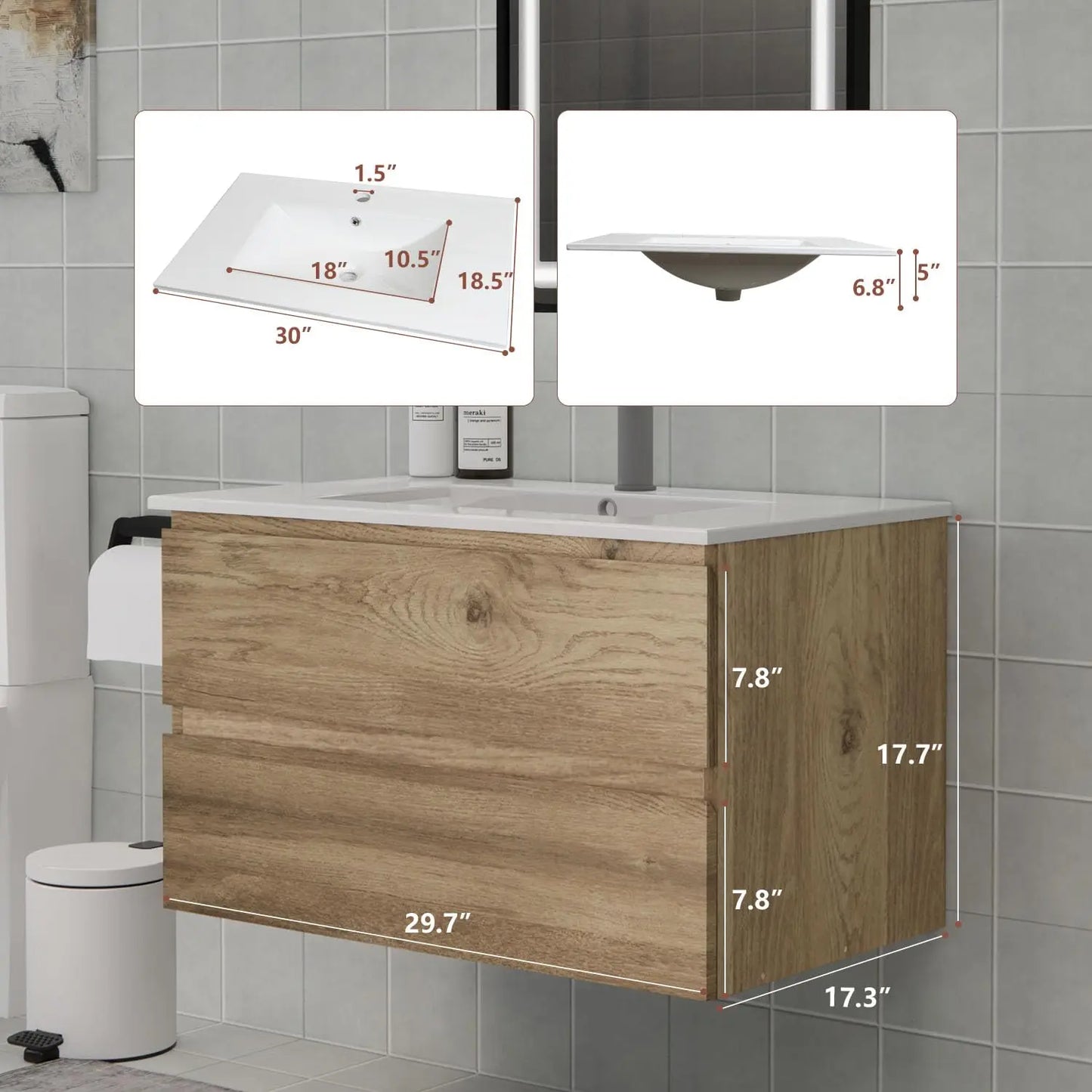 30" Space-Saving Floating Bathroom Vanity with Sink, 2 Soft-Close Drawers Modern Bathrooms