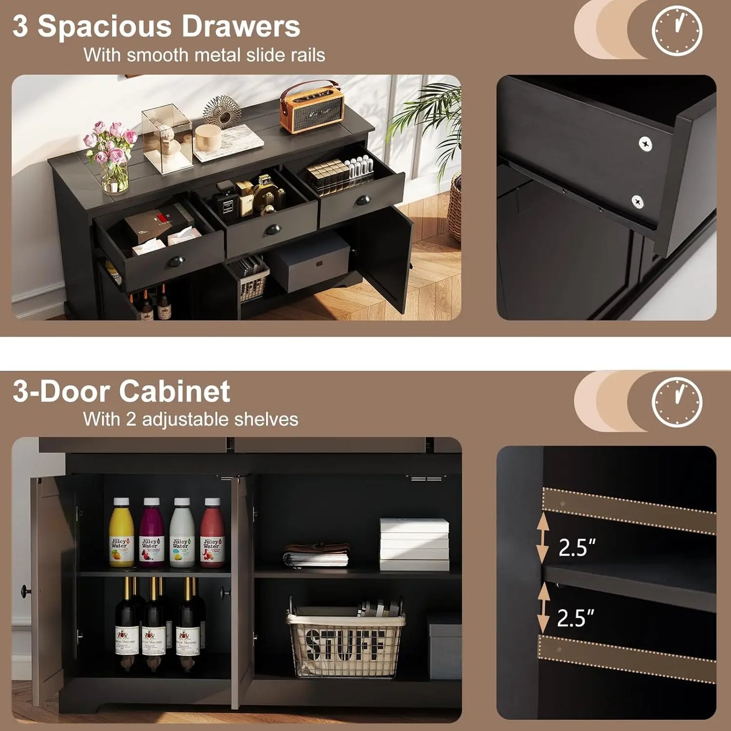 Kitchen Buffet Sideboard, Wood Storage Cabinet w/ 3 Drawers and 2 Cupboards,