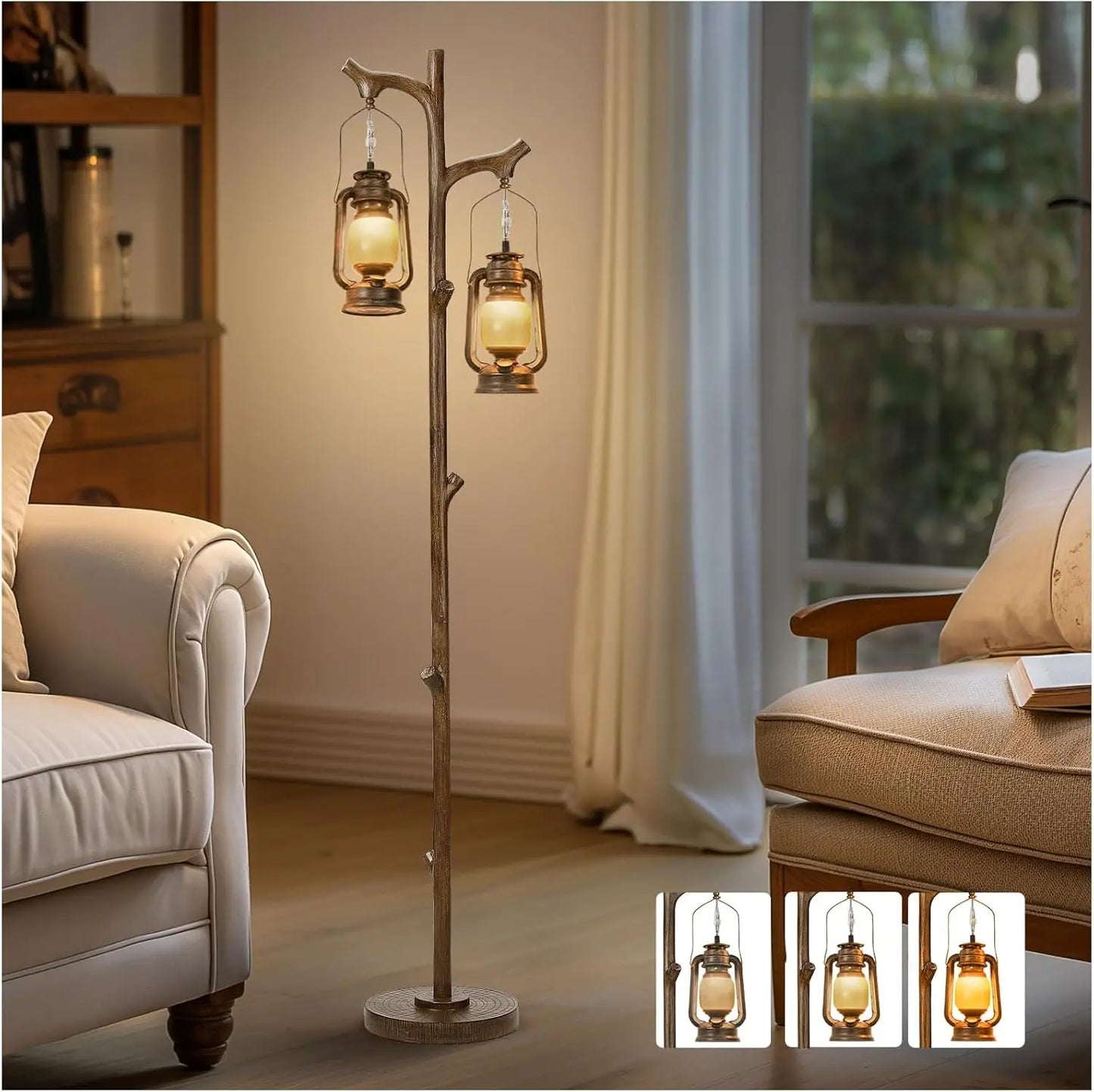 68" Rustic Farmhouse Tree Trunk Floor Lamp with Lantern, Stepless Dimmable, Brown Wood Finish