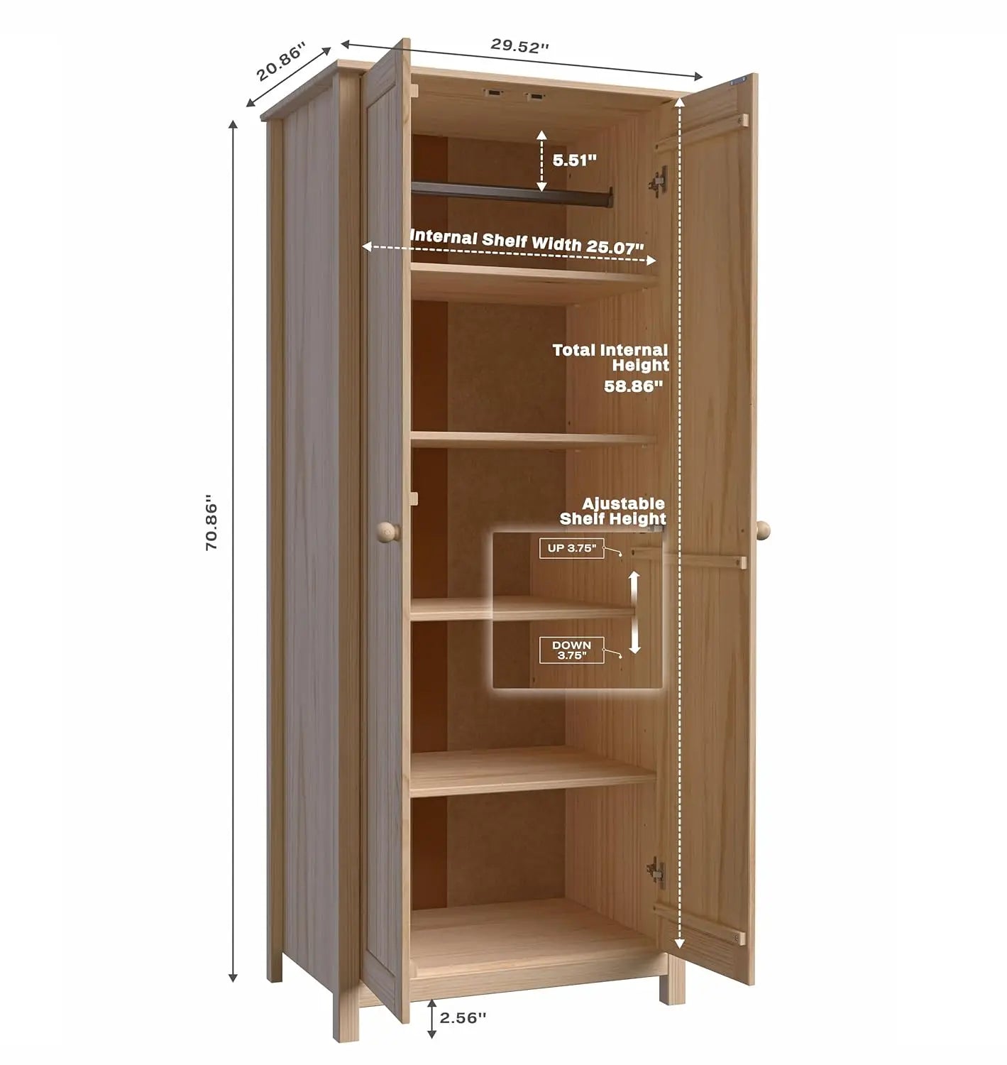 Solid Wood Armoire – 2-Door Wardrobe Cabinet with Adjustable Shelves, Tall Bedroom Storage Closet, Unfinished