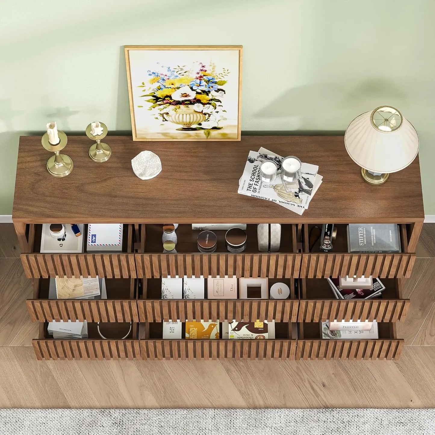 Fluted Long 9 Drawer Dresser, for Bedroom, 58" Wide Vintage Chest of Drawers