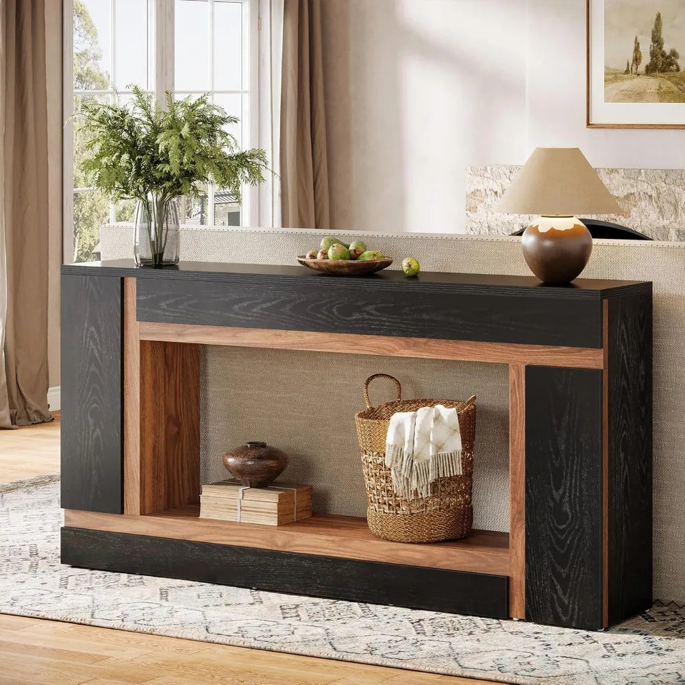 63-Inch Long Console Table for Entryway, 2-Tier Narrow Wooden Rectangular Sofa Table Behind Couch for Hallway