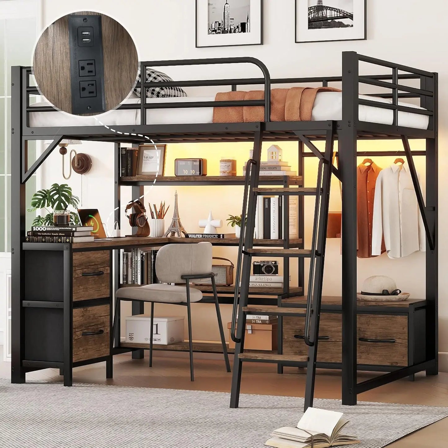Full Size Loft Bed With Stairs And Storage, Metal Loft Bed Frame WithLarge Under-Bed Space