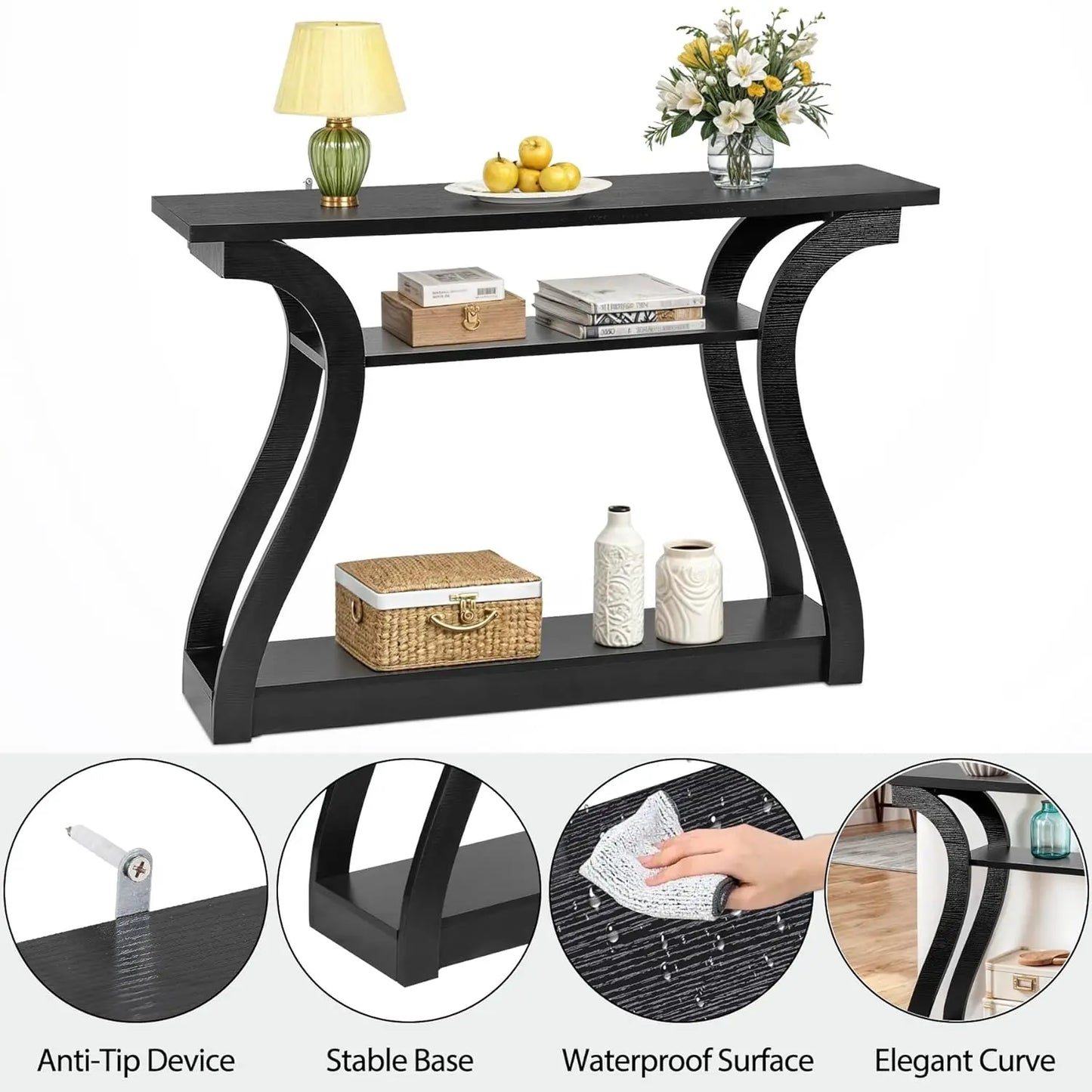 Wood Console Table 3 Tier Narrow Entryway Table with Curved Frame and 2 Open Storage Shelves