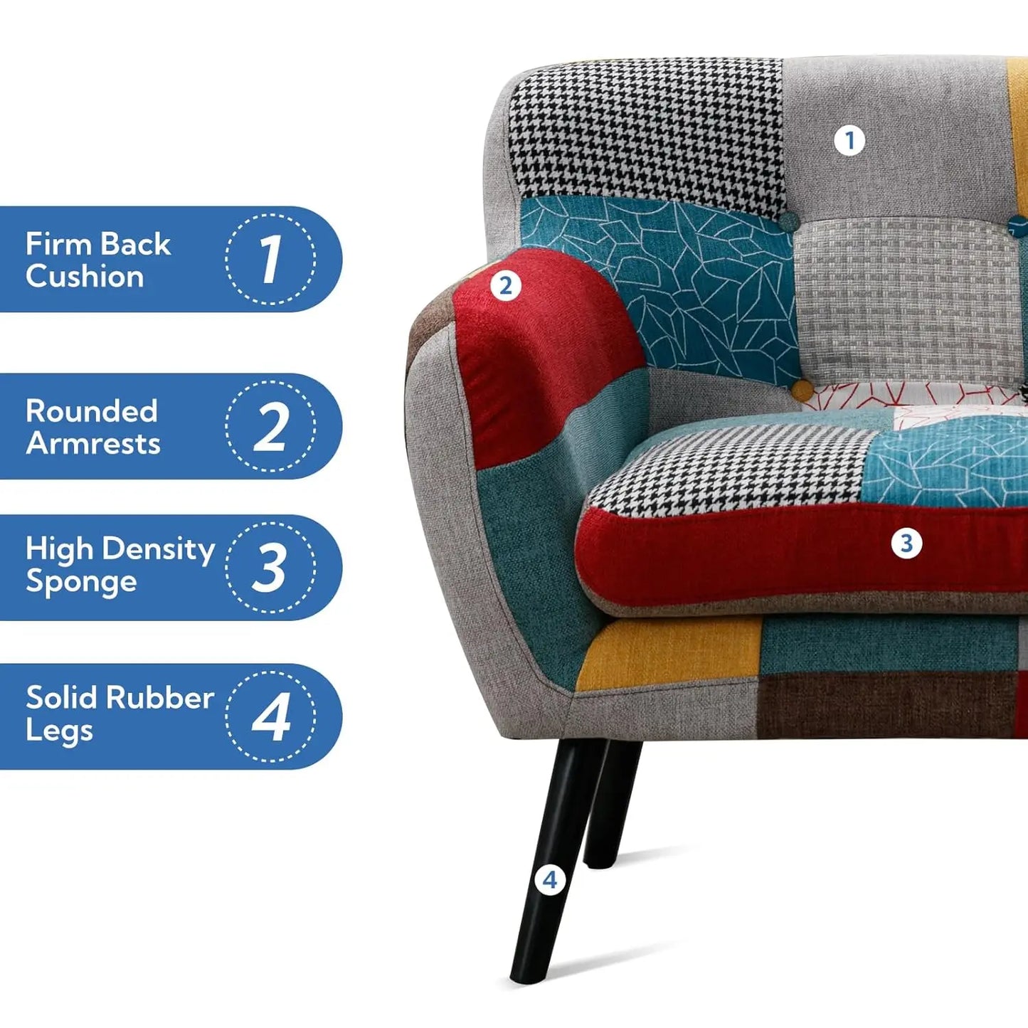Modern Boho Loveseat Couch for Living Room Bedroom, Upholstered Colorful Plaid Fabric