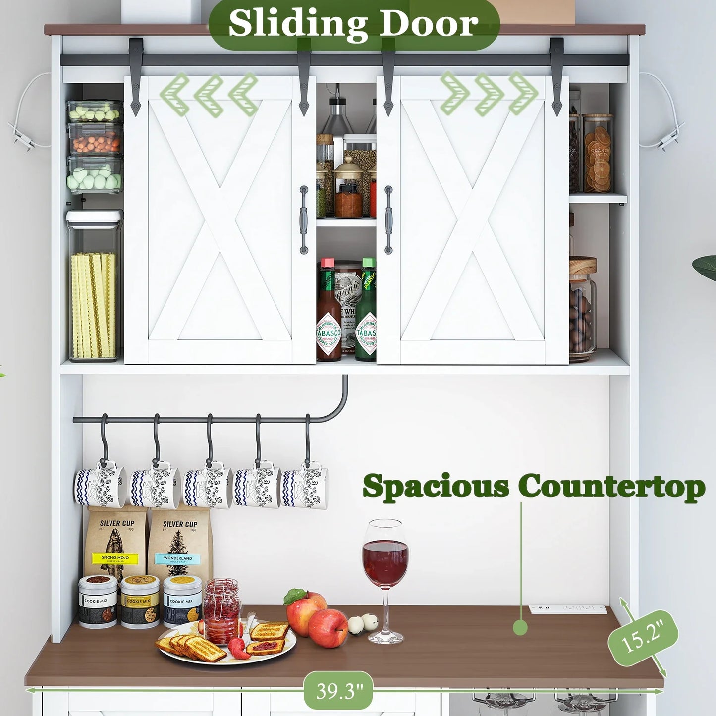 71" Kitchen Pantry Cabinet with Charging Station, for Kitchen Storage with Sliding Doors, Co