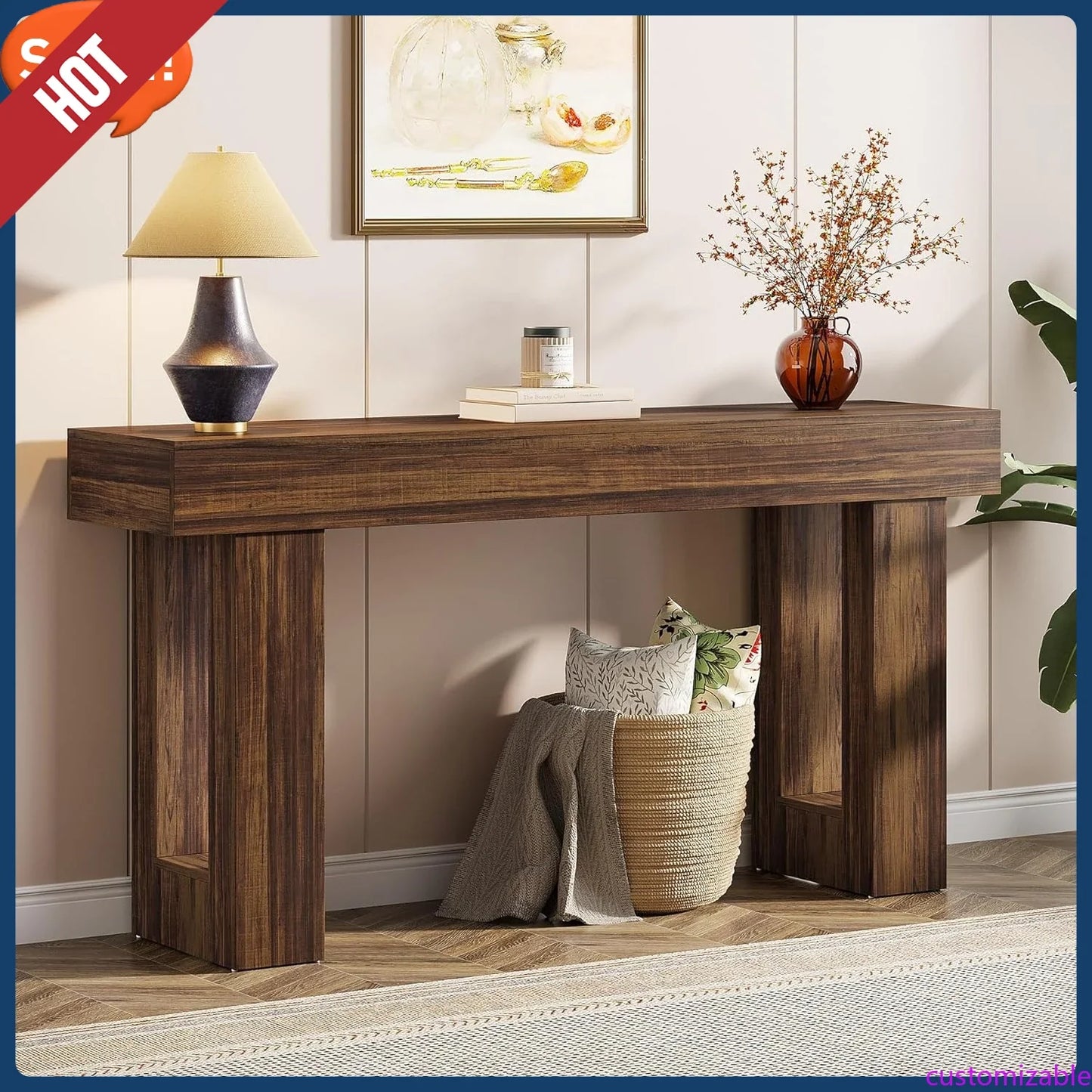 Customizable-63-Inch Long Console Table, Wooden Rectangular Sofa Table