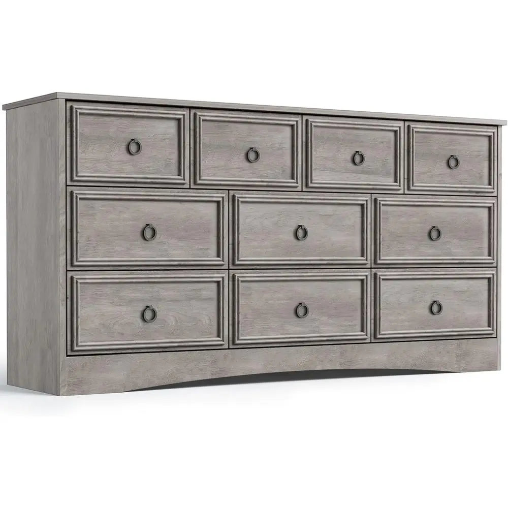 10-Drawer Bedroom Dresser with Textured Frame, 6 Deep, Gray, for Living Room or Bedroom Storage