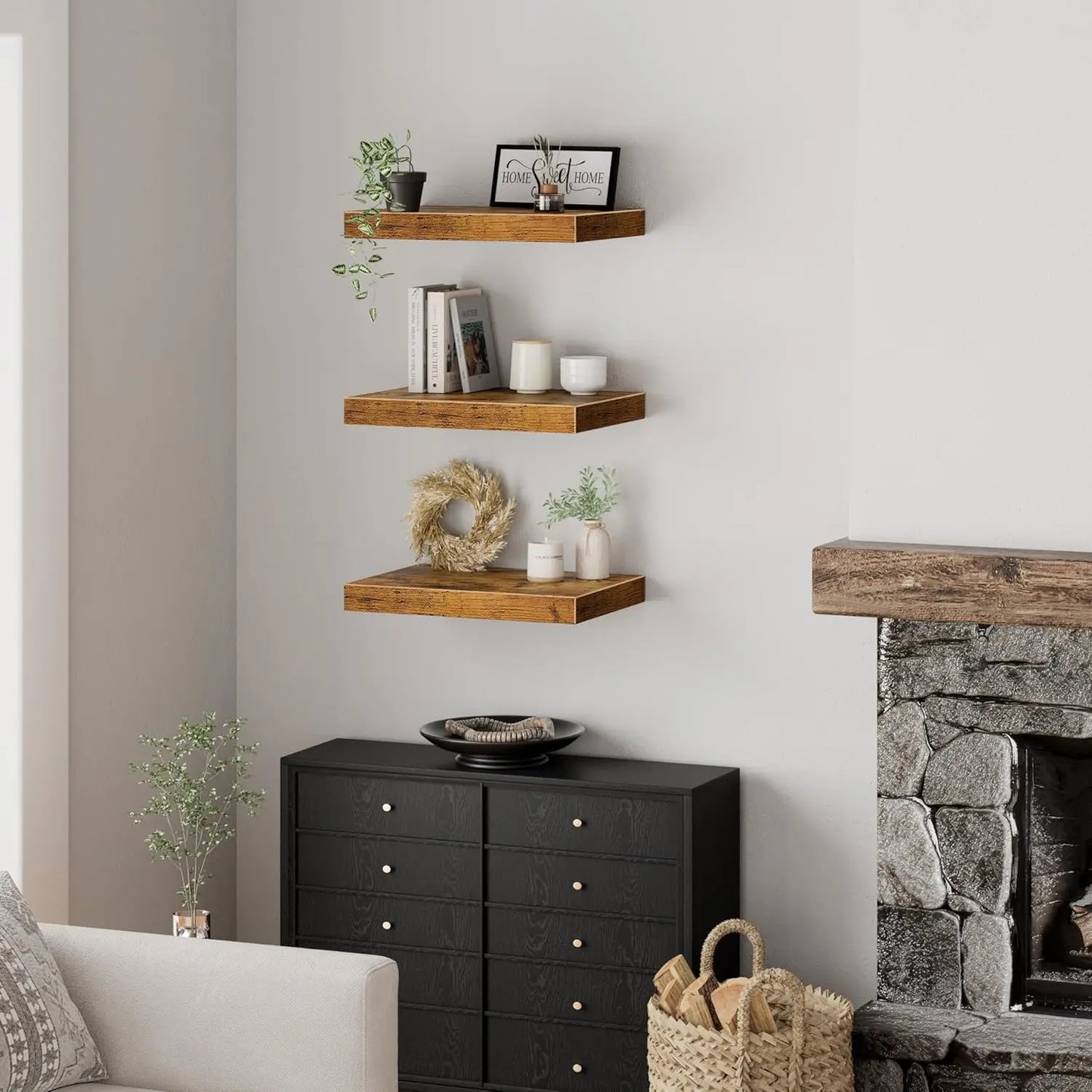 10" Deep Floating Shelves Set of 3, Rustic Brown Wood for Wall - Bathroom Bedroom Kitchen Living Room