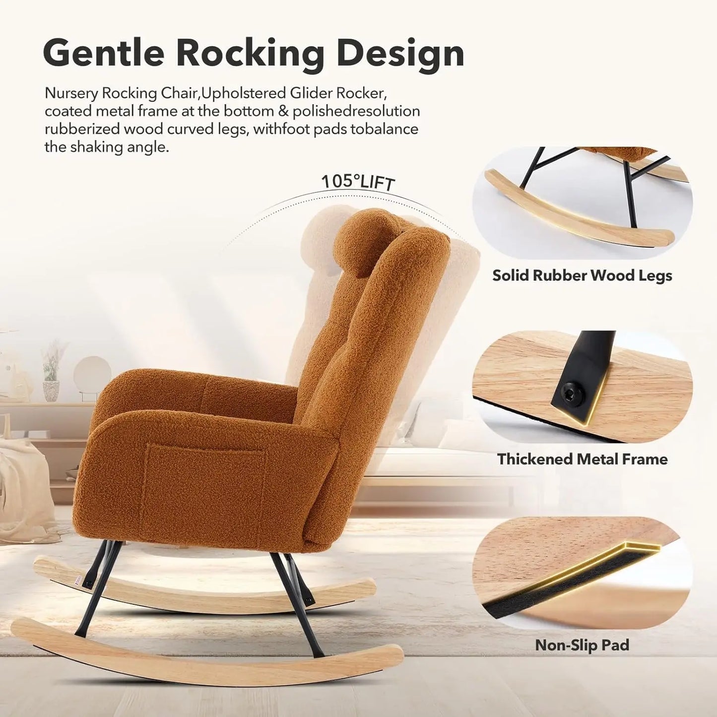 Modern Upholstered Nursery Rocking Chairs, with Side Pocket High Back Teddy Boucle  4 colors