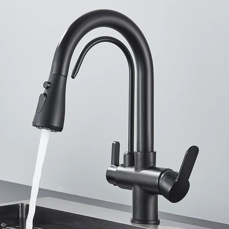 Quyanre Matte Black Filtered Crane For Kitchen Pull Out Spray 360 Rotation Water Sink Mixer Kitchen Faucet