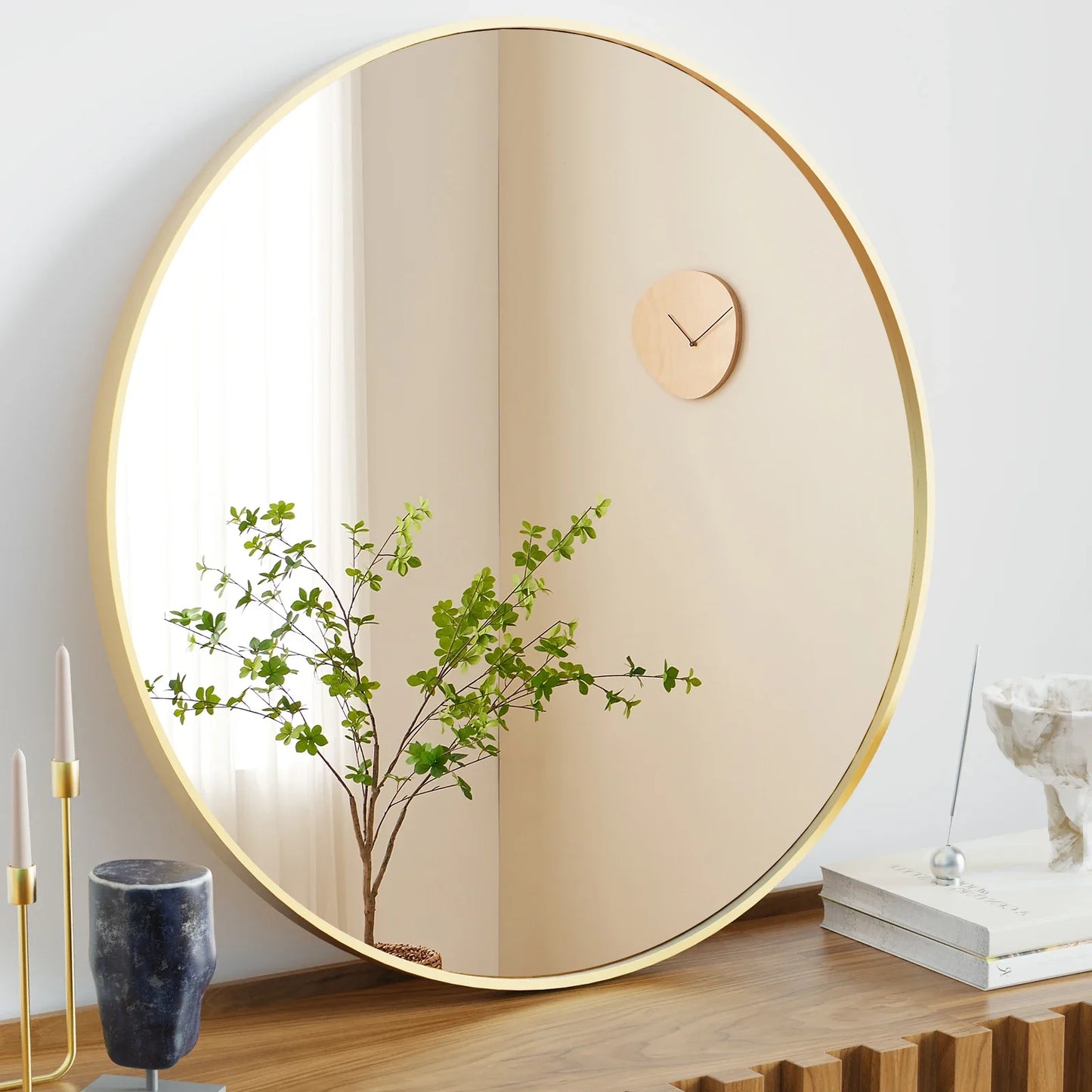 JHK 30 Inch Large Gold Round Vanity Framed Mirror for Wall