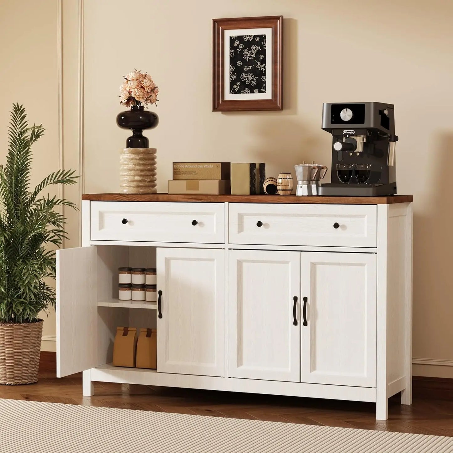 Farmhouse Kitchen Sideboard Buffet Cabinet with Storage, Wood Coffee Bar and Storage Sideboard