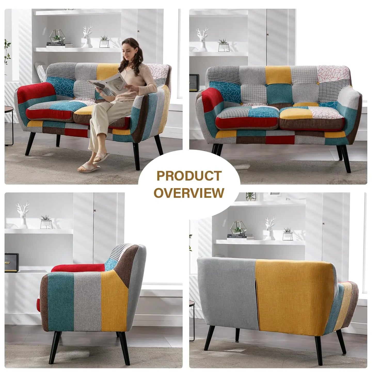 Modern Boho Loveseat Couch for Living Room Bedroom, Upholstered Colorful Plaid Fabric