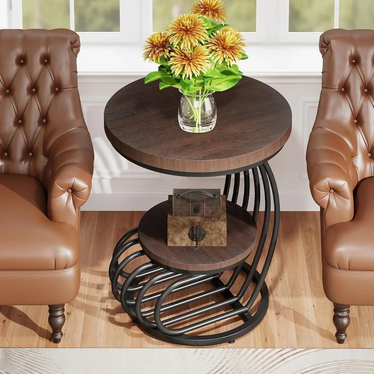 Round End Side Table: Side  Small Bedside Table Accent Table with Arc-Shaped Frame