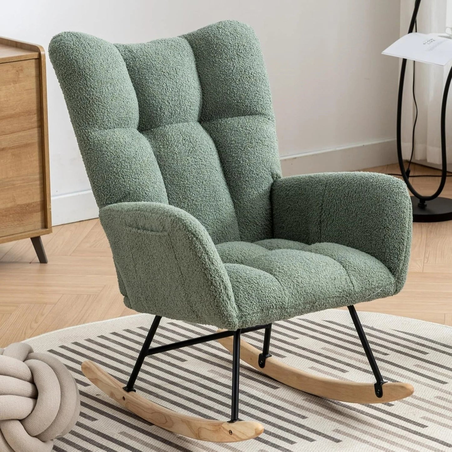 Modern Upholstered Nursery Rocking Chairs, with Side Pocket High Back Teddy Boucle  4 colors