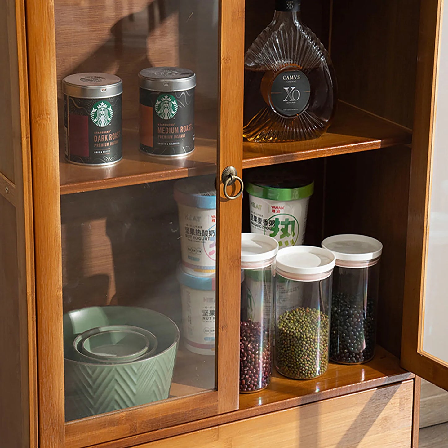 Vintage Style Kitchen Storage Cabinet, 2-Tier Bamboo Sideboard with Smooth Drawers for Kitchen and Dining Area
