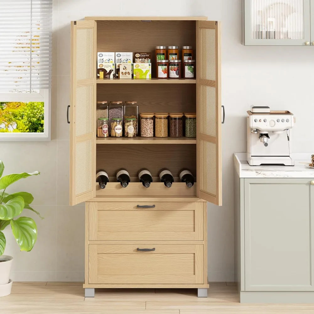 Wood Pantry Cabinet with Rattan Doors, Freestanding Tall Storage Cabinets,