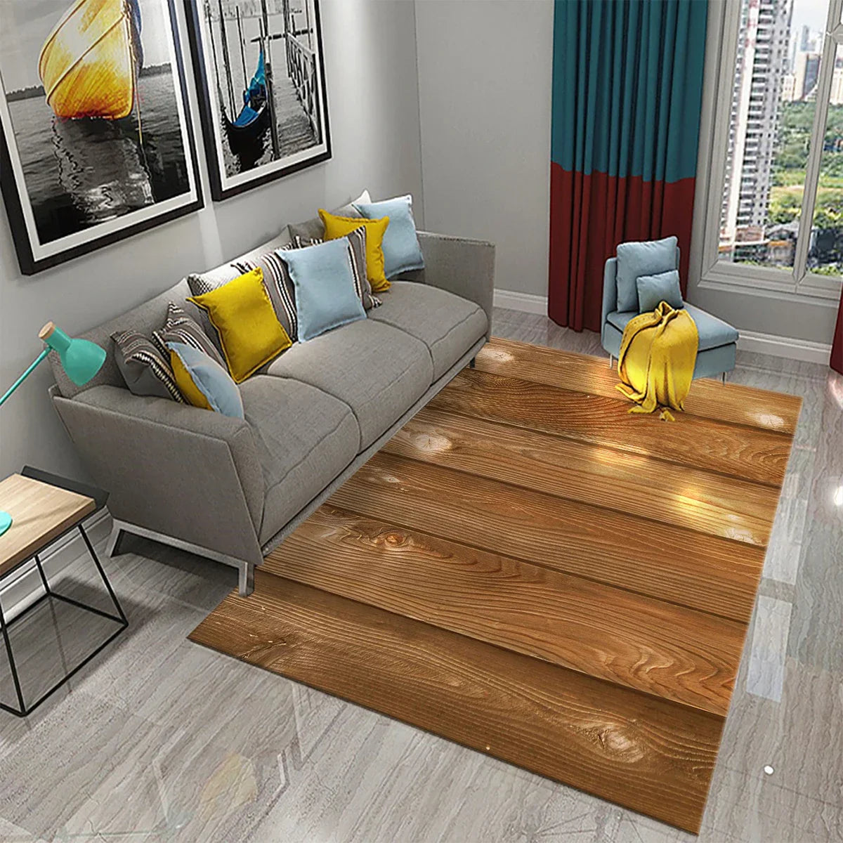 Rectangular Staggered 3d Planks Carpet Geometric Wood Grain Non-Slip Floor Rug