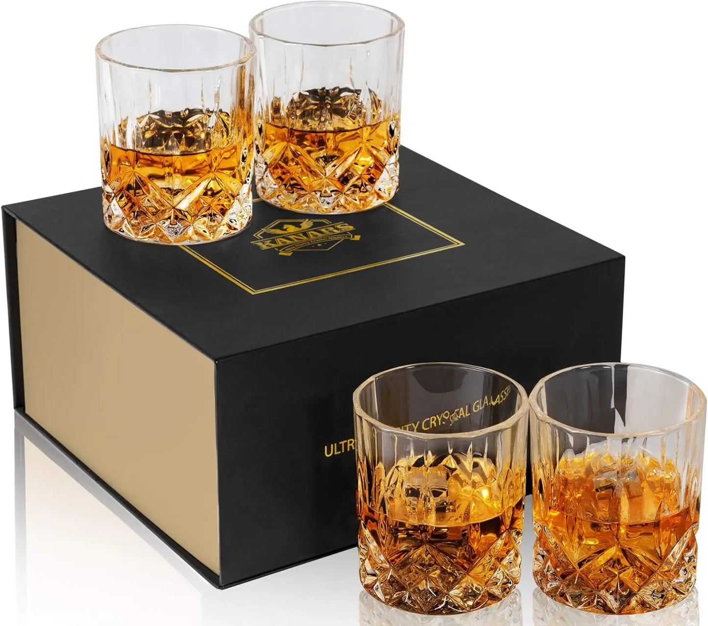 10 Oz Rocks Whiskey Glasses Set of 4 with Luxury Box - Ideal for Scotch, Bourbon, Cocktails - Perfect Men's Gift
