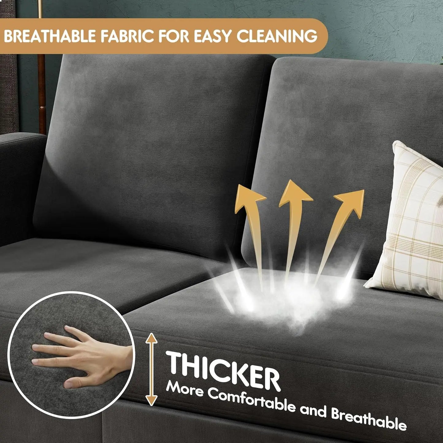 Sofa Couch, 3 Seat L-Shaped Sofa with Linen Fabric Ottoman