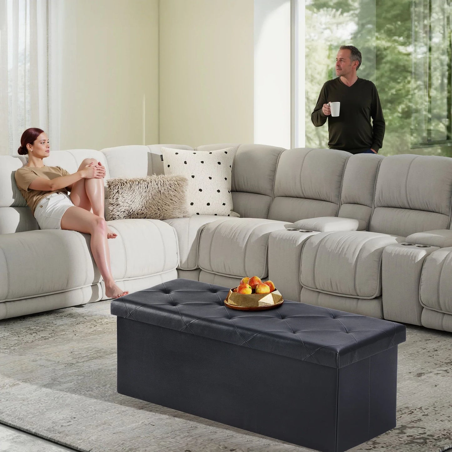 JHK 43 Inches Leather Folding Ottoman Storage Footstool For Living Room
