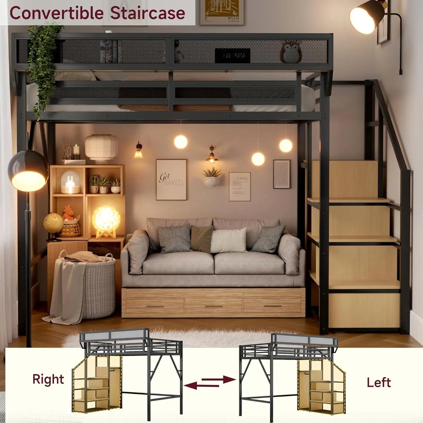 Full Size Loft Bed With Stairs And Storage, Metal Loft Bed Frame WithLarge Under-Bed Space