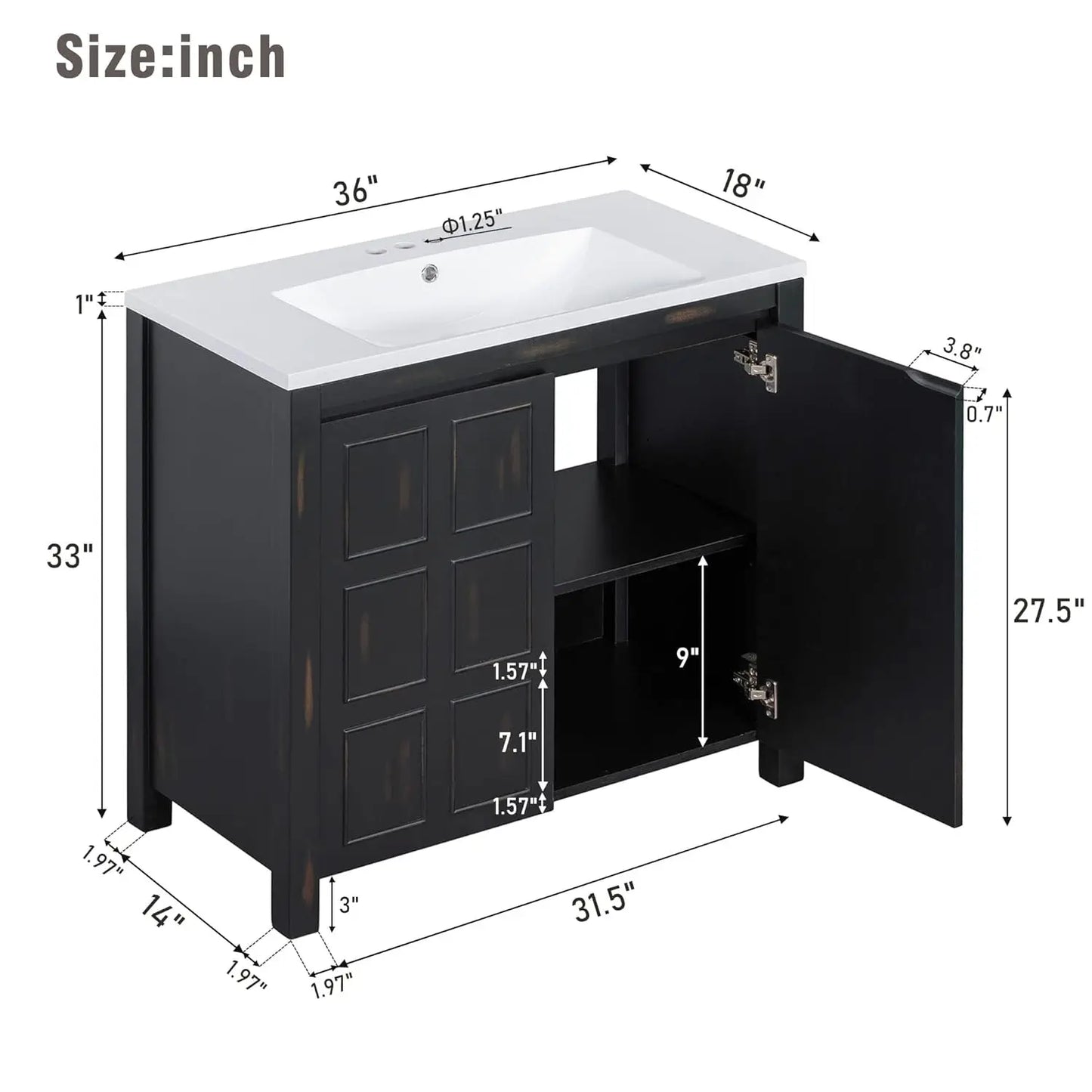 36in Free Standing Bathroom Vanity with Sink Wooden Cabinet Ceramic Basin