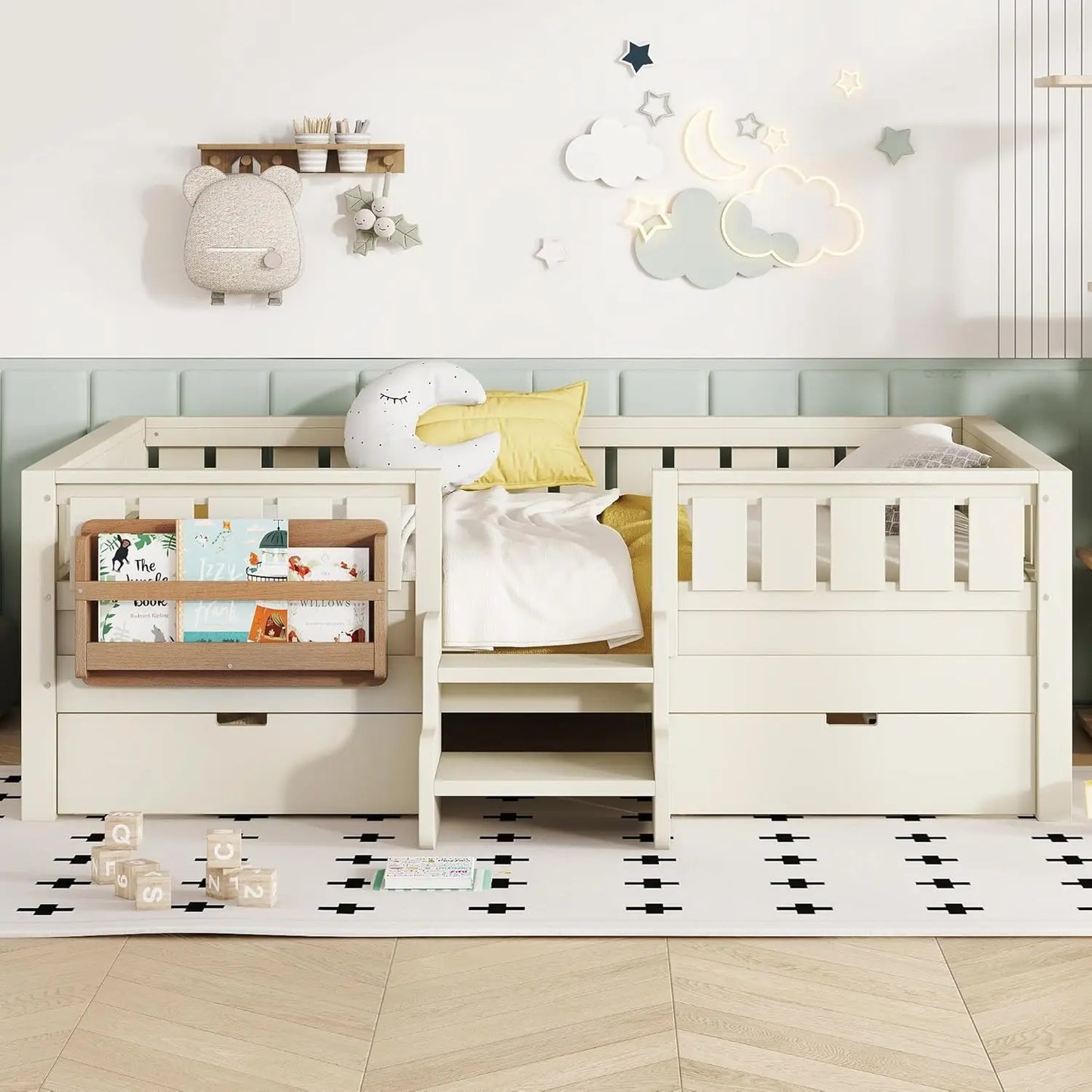 Full Size Kids Montessori Bed Frame with Stairs Bookshelf Drawers Storage Low Profile, 6 different finishes^








differeny