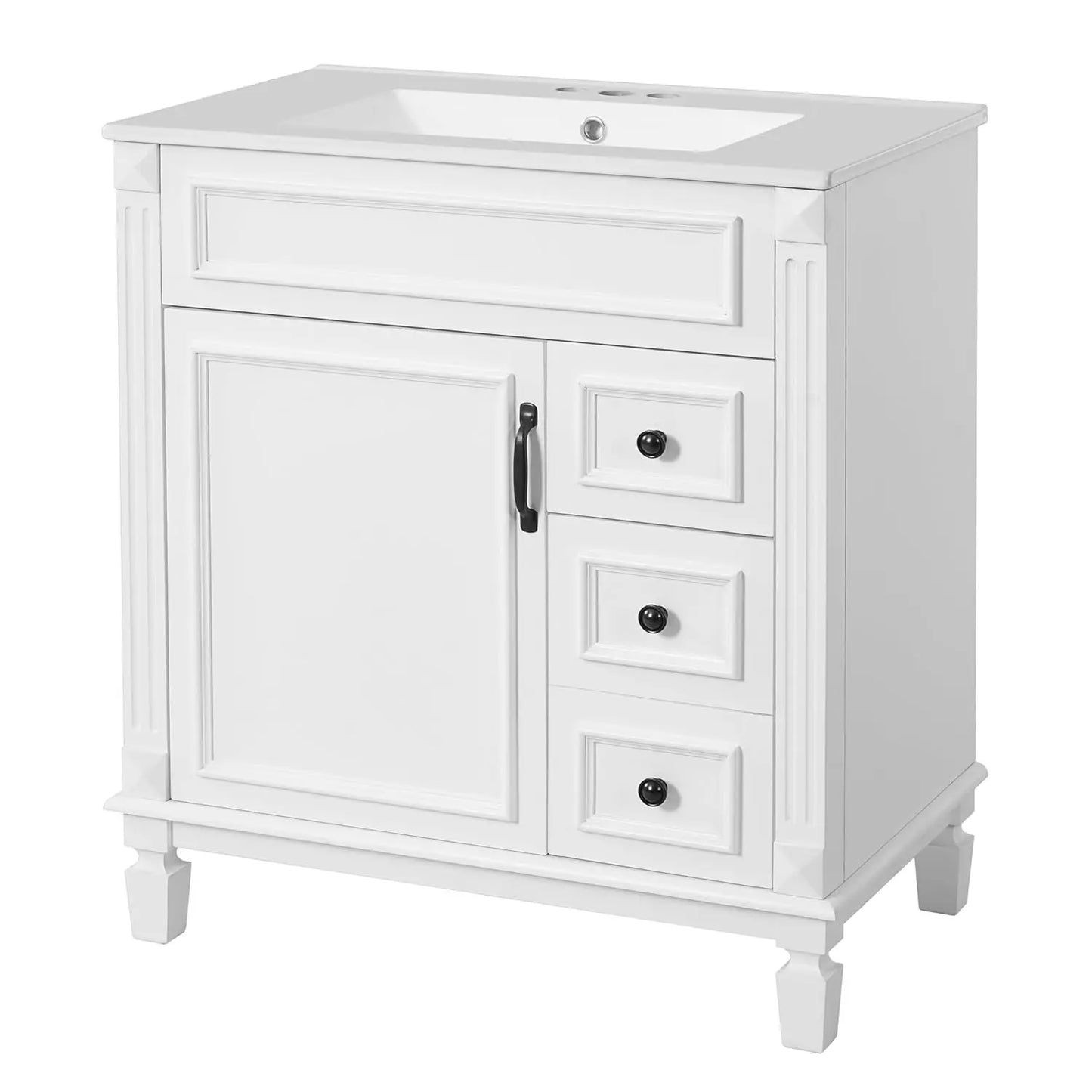30" Bathroom Vanity with Sink Modern Storage Cabinet Single Door Two Drawers Solid Wood Frame