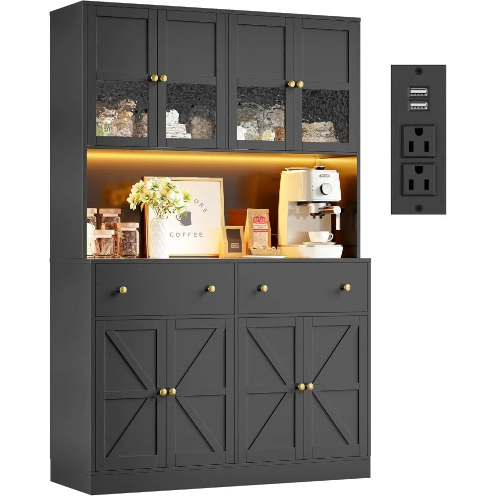 71 Inch Pantry with LED Light and Charging Station, Farmhouse Kitchen Pantry
