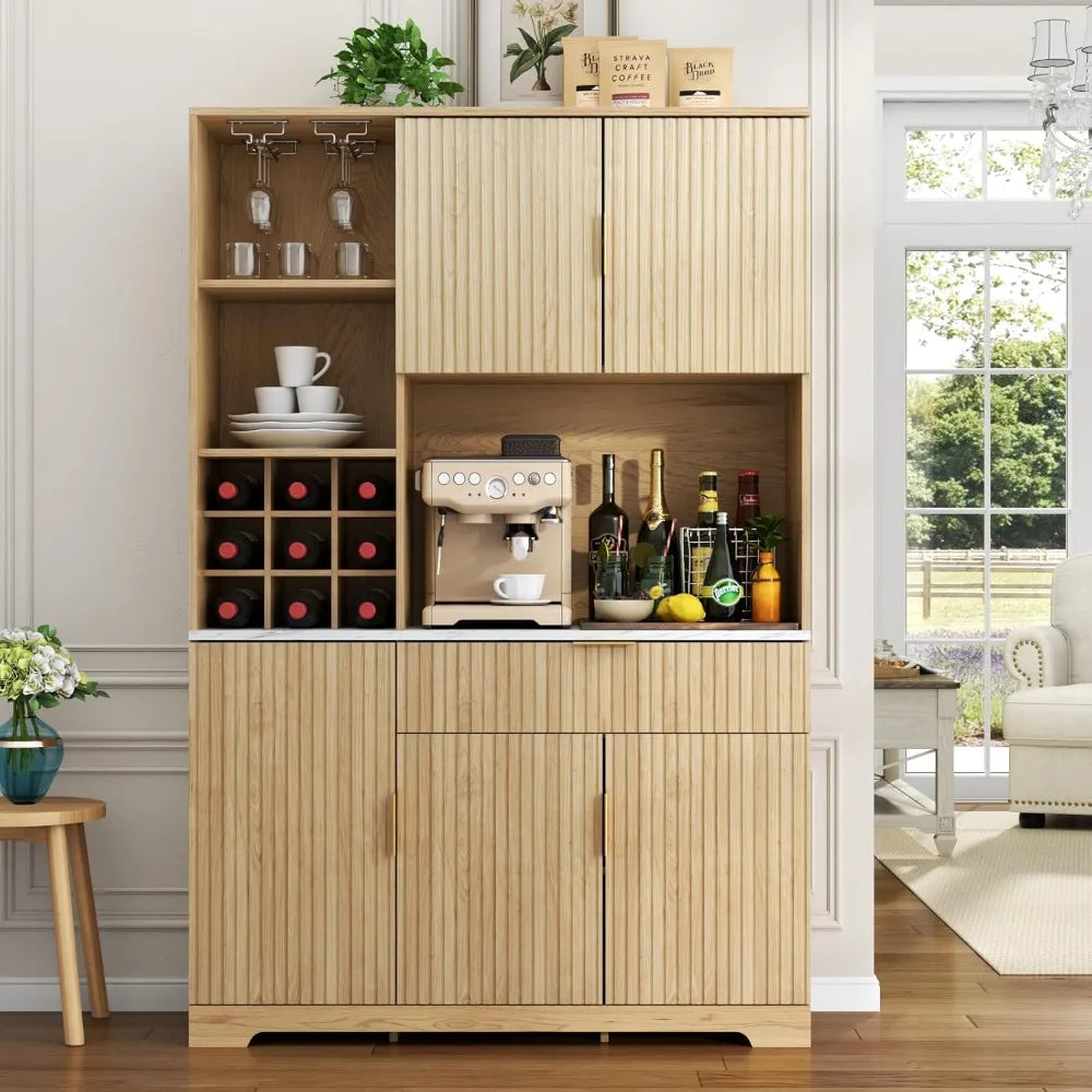 72” Tall Kitchen Pantry Cabinet, Fluted Storage Cabinet with Microwave Stand, Wine Bar Cabinet with Storage Hutch
