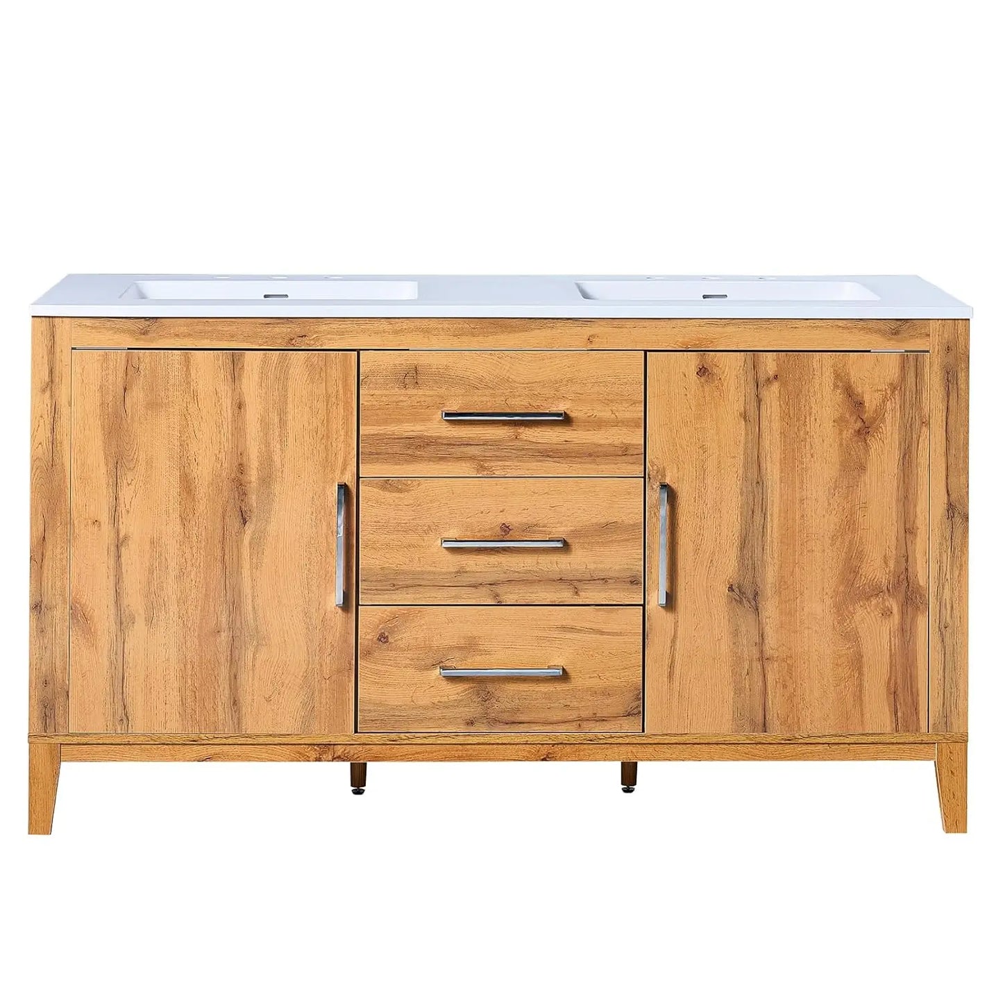 60in Double Bathroom Vanity High Gloss Woodgrain Storage 3 Hole Sink 2 Soft Close Doors Oak