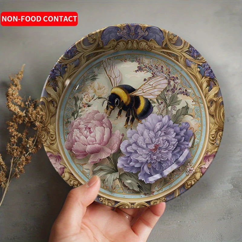 1pc Hand-Painted Bee & Floral Ceramic Plate - Round Wall-Mountable or Tabletop