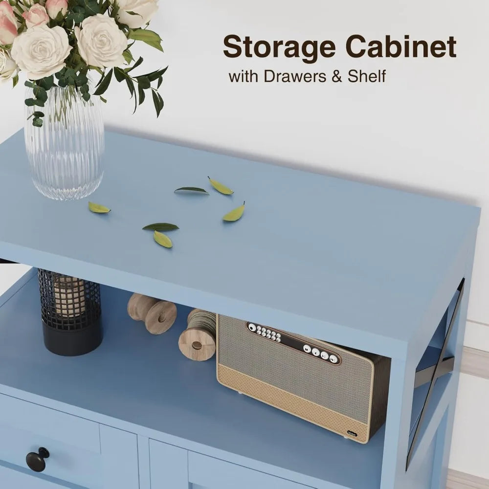 Farmhouse Blue Storage Cabinet with Barn Doors & Drawers, Kitchen Pantry Organizer for Home