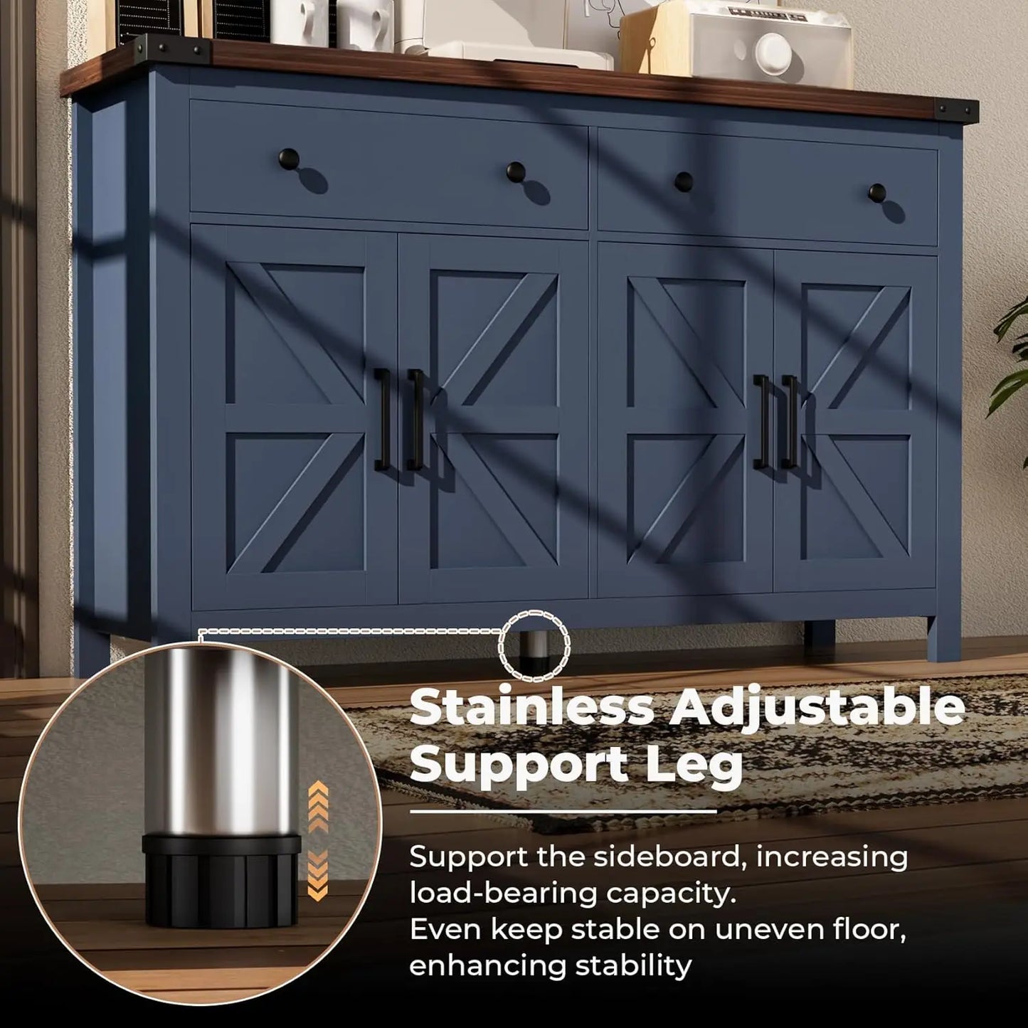 Buffet Cabinet with Storage Farmhouse with 4 Doors and 2 Drawers, 55'' Large Kitchen Storage  Blue Wood