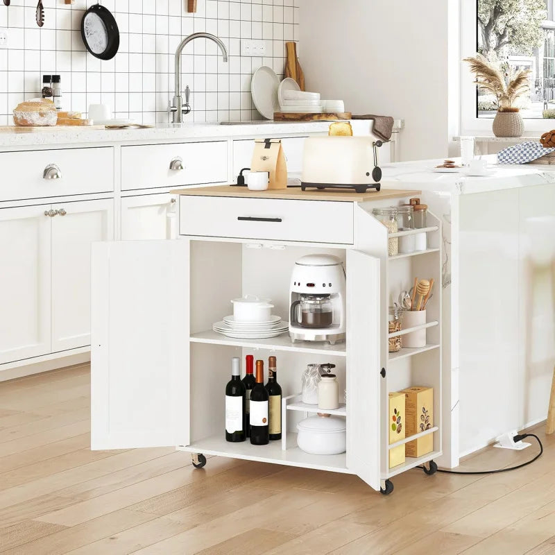 Rolling Kitchen Island with Power Outlet Spice Rack & Drawer Natural & White