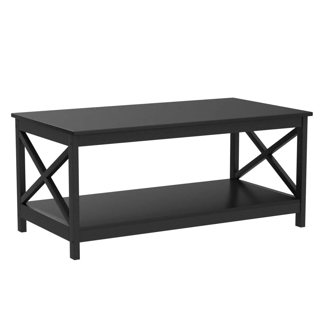Wood 2-Tier Black Coffee Table with Storage Shelf for Living Room,