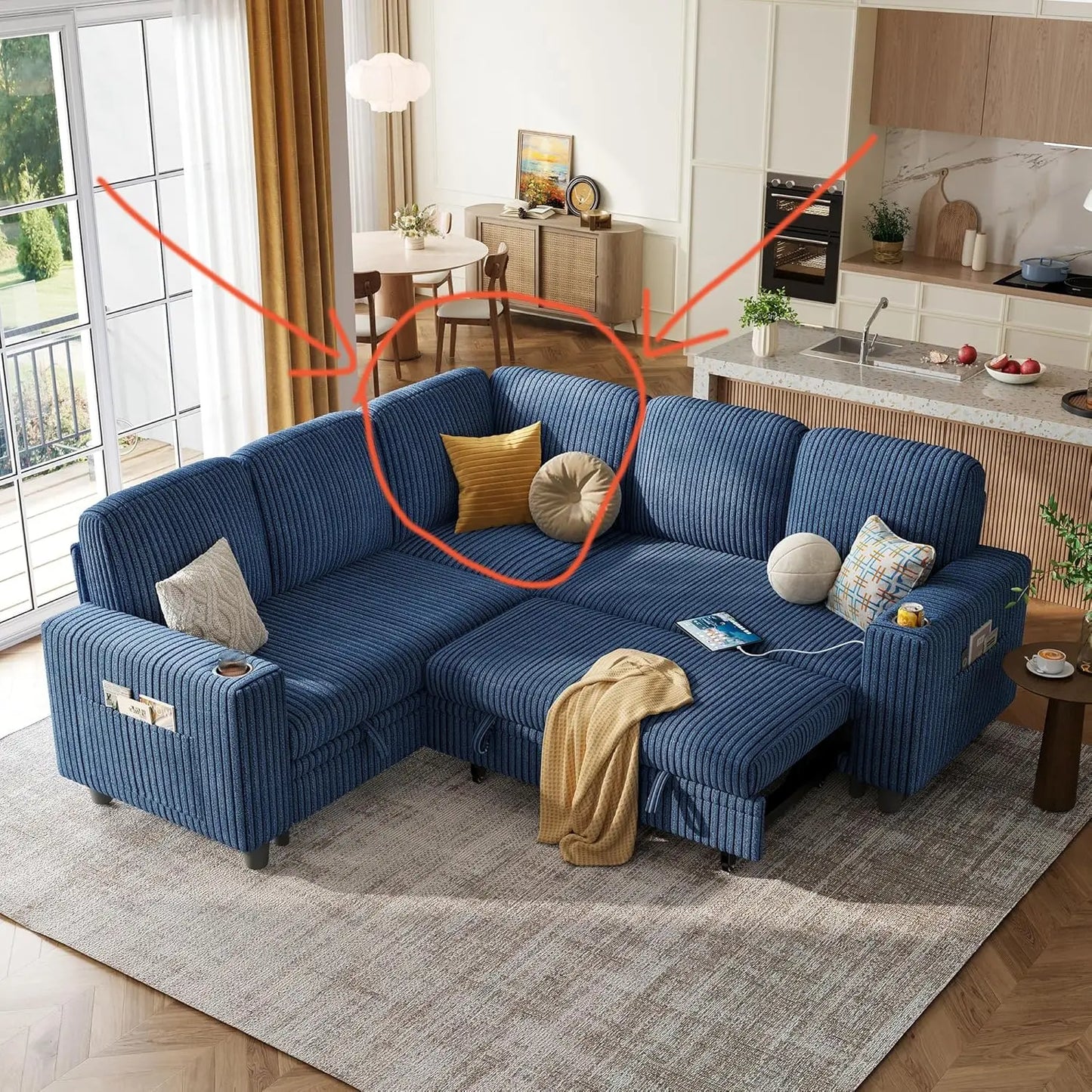 Corner Sleeper Sofa Sectional Couch with Storage, Beige Fabric  for Living Room
